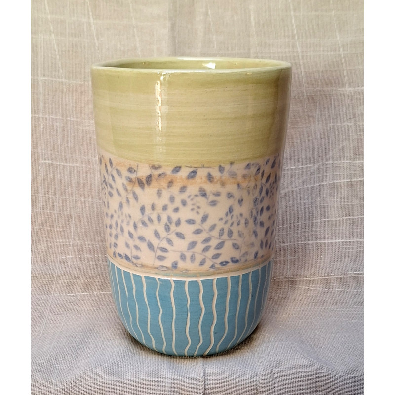 MUG / GOBELET vert chartreuse et turquoise, motif feuilles - M15